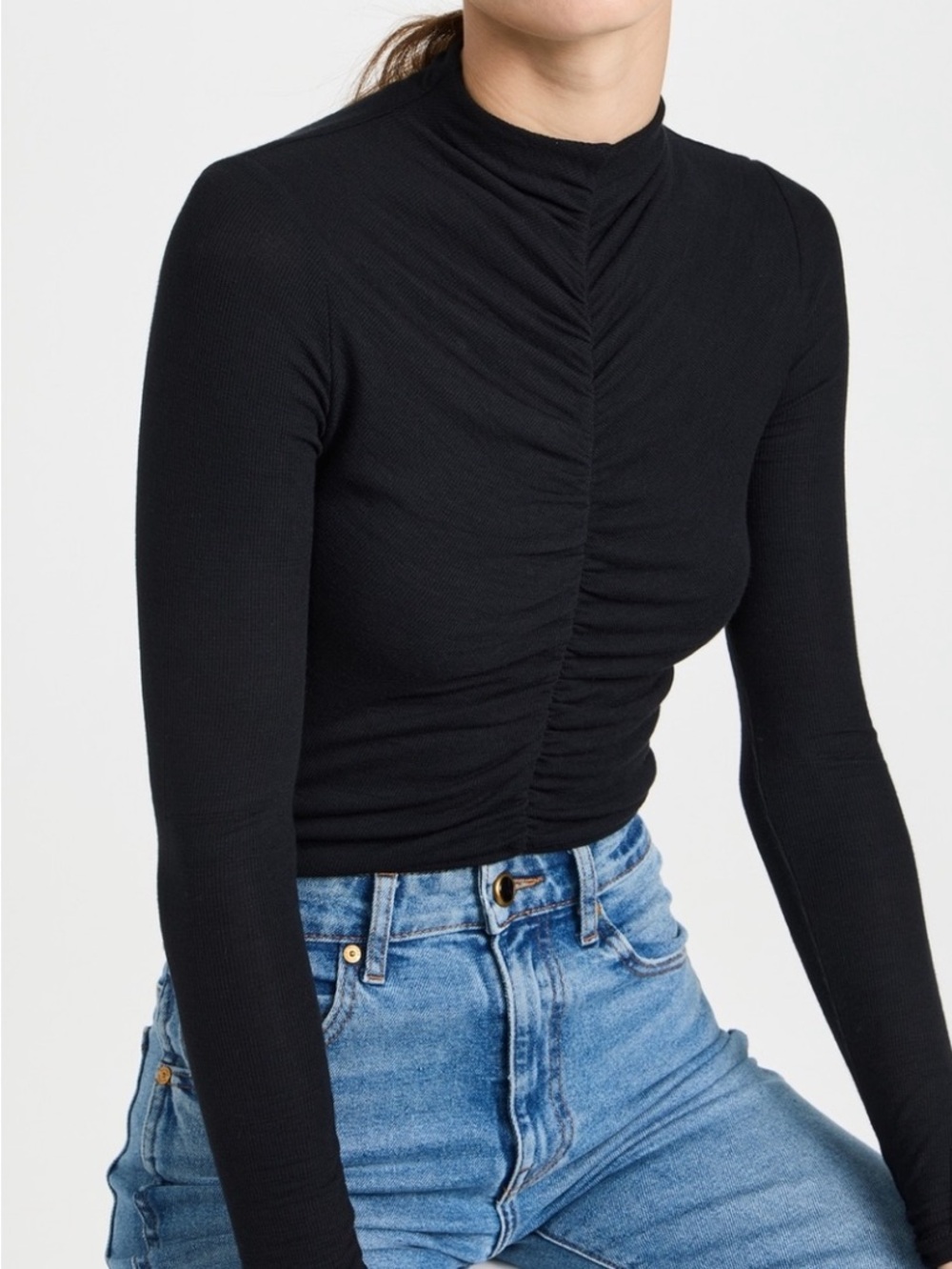 Veronica Beard Theresa Black Ruched High-Neck Long Sleeve Top large